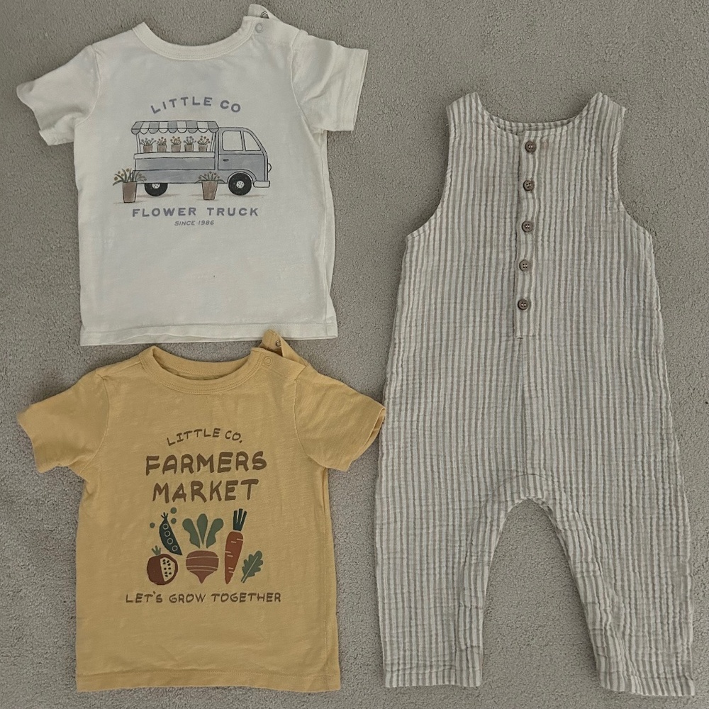 Rylee + Cru coverall and Little Co tees 12-18m